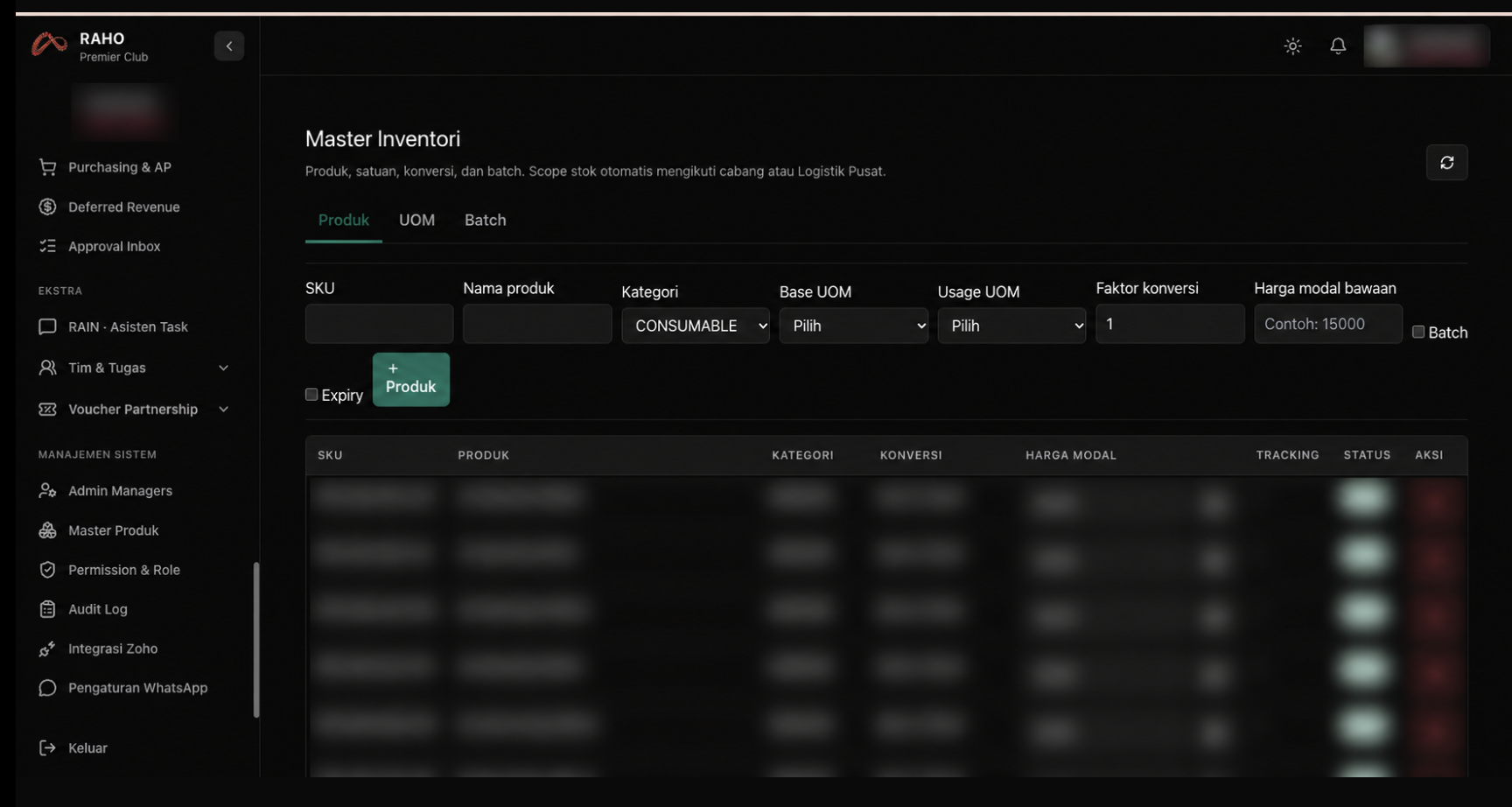 ERP Raho Premier inventory workspace; internal account and inventory data are blurred