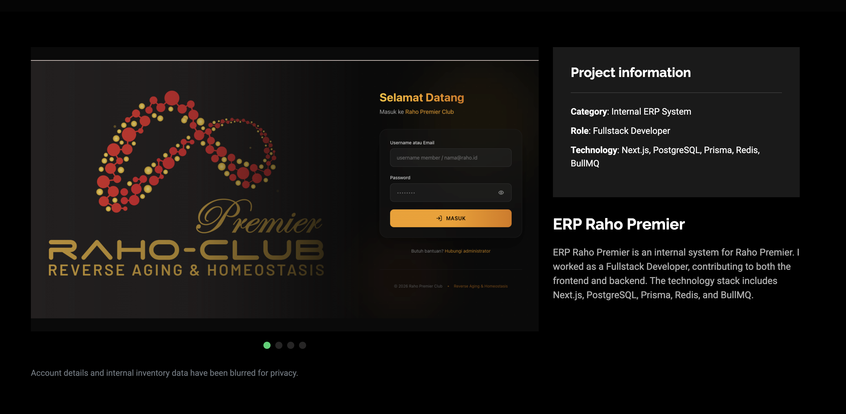 ERP Raho Premier project overview featuring the sign-in page and project information