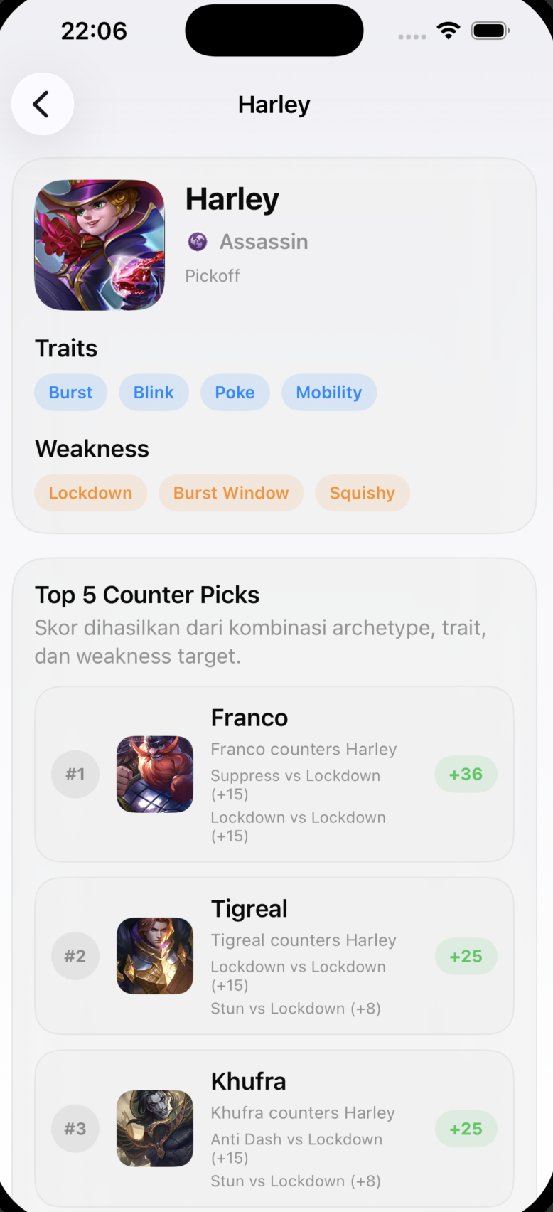 Harley’s profile with traits, weaknesses, and recommended counter heroes with scores