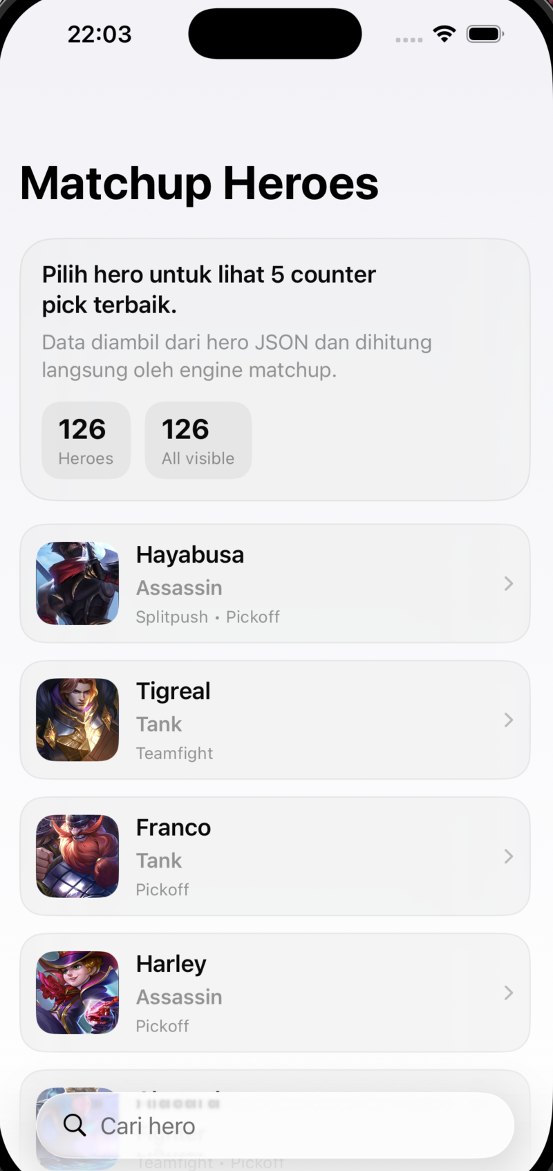 Hero list and search in the MLBB Heroes Matchup iOS app